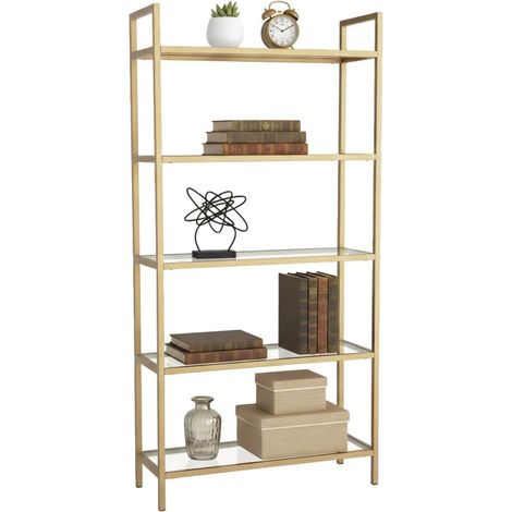 Dmora - Bücherregal Diannell, Büroregal, Mobiler Buchhalter, Bücherbrett, 80x30h165 cm, Gold