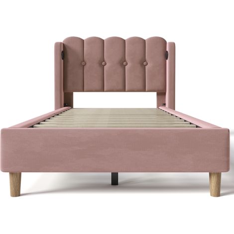 Letto singolo imbottito 90 x 200 cm in velluto rosa con USB e USB Type-C MODENUIT (1/5)