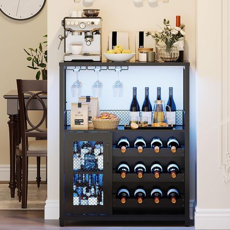 Casier à Vin pour 16 Bouteilles en Bois,Range-Bouteilles /Porte-Vin à 3 Étagères avec 3 Porte-Gobelets- LED,Meuble de Bar -Noir (1/5)