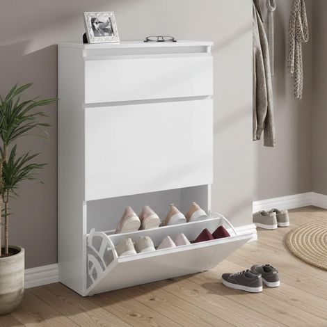 Étagère à chaussures, Armoire polyvalente avec 2 portes et 1 porte pliante, Étagère à chaussures d'entrée, 60x27h108 cm, Blanc brillant (1/5)
