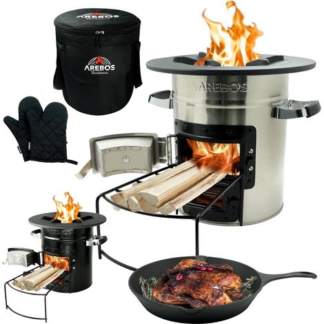 Arebos – Four à fusée BBQ portable – Poêle en fonte incluse – Efficacité énergétique – Utilisation avec bois et charbon – Sac de transport inclus (1/5)