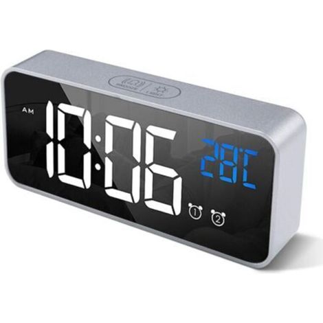 Pr Digital Alarm Clock with Large LED Temperature Display, Portable Mirror Alarm with Dual Alarm (Silver) (1/4)