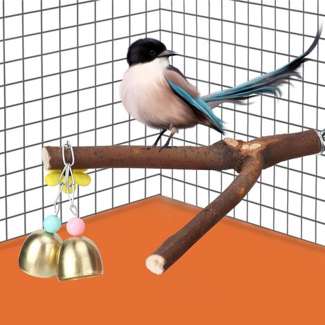 Perchoir en bois naturel pour oiseaux, support pour perroquet, jouet à mâcher et à mordiller, accessoires de cage, clochette jaune (1/5)