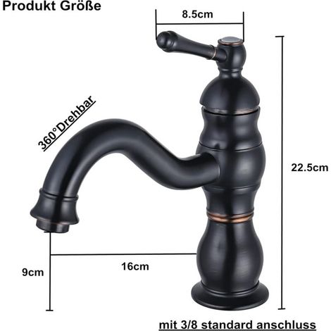 Rubinetto da bagno vintage nero girevole a 360° - Miscelatore per lavabo - Rubinetto da bagno monocomando in ottone (1/4)