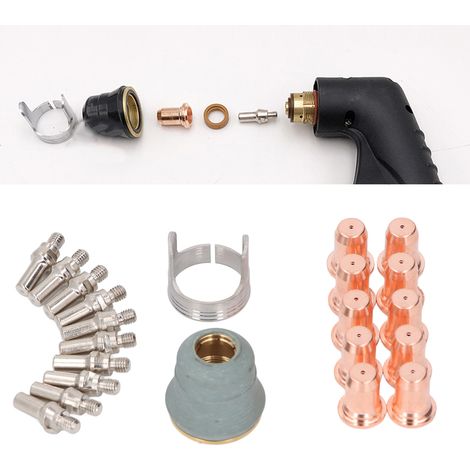 Kit de 22 accessoires pour pistolet de découpe plasma PT60 : buse de coupe, jeu d'électrodes 52582, capuchon de protection, anneau de fixation et buse. (1/5)