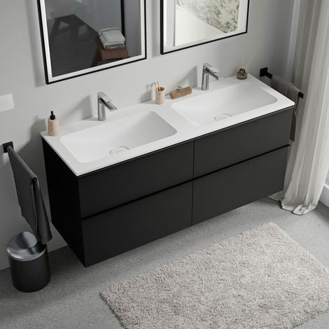 BERNSTEIN - Meuble vasque suspendu salle de bain MDF Noir mat, lavabo fonte minérale Blanc mat + trou robinet, poignée métal Anthracite mat - 140x46x62cm - LAVOA Noir mat, Anthracite mat, Blanc mat av