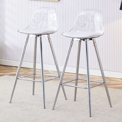 Tabouret de bar-transparent-2chaises-structure métal argenté-dossier translucide-38x33x96,5cm (1/5)