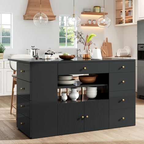 Îlot de cuisine 140/40/89 cm noir avec 6 tiroirs, niches ouvertes et tabouret de rangement (1/5)