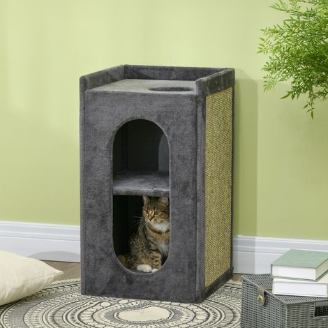 Griffoir en forme de tonneau avec 2 niches pour chats, 1 espace de repos, tapis à griffer en sisal, peluche, gris et naturel