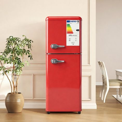 Réfrigérateur Congélateur 112 L Double Porte avec LED et Température Réglable, Étagères Ajustables, Rouge
