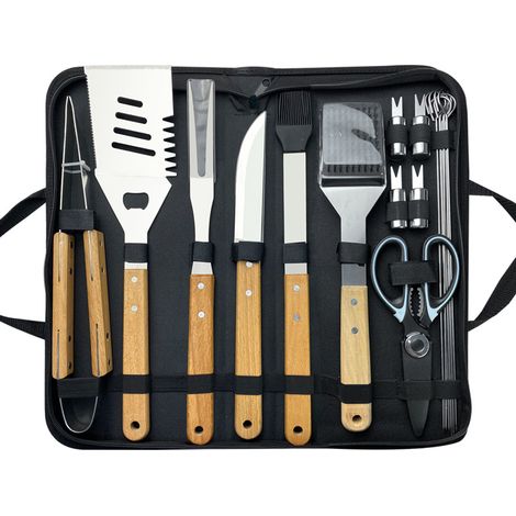 Set 18 ustensiles de barbecue en acier inoxydable avec manches en bois, spatule, pince, couteau, pinceau, brochettes et ciseaux, avec sac de rangement (1/5)
