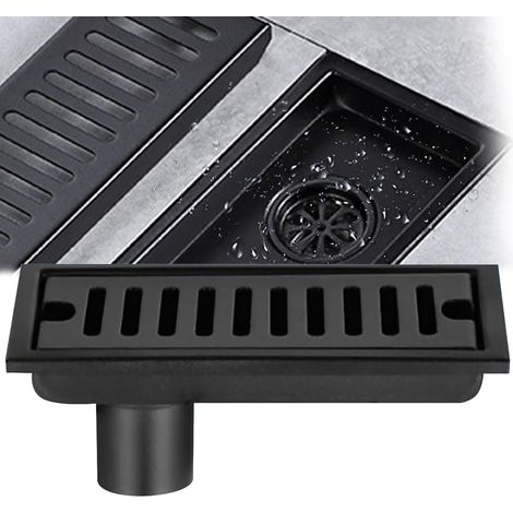 CSPARKV Desagüe de piso rectangular, desagüe de piso de acero inoxidable negro de 20 x 10 cm, desagüe de piso de ducha con filtro doble para inodoro, baño, cocina, balcón (1/5)