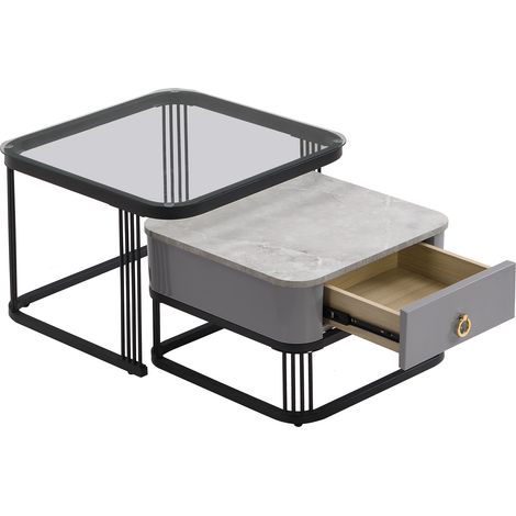 Table basse empilable: aspect marbre brillant et plateau en verre, pieds noirs, lot de 2 tables d’appoint avec tiroirs (1/5)
