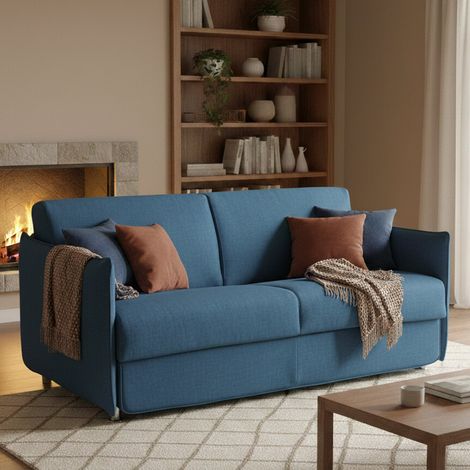 Dmora - Sofá cama 2 plazas Pandora, Sofá convertible para salón, acolchado, desenfundable, calidad 100% Made in Italy, 180x95 h90 cm, Azul (1/5)