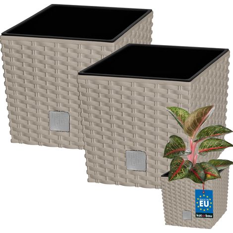 KOTARBAU® Kotarbau® Pot de Fleur Exterieur 20 x 20 cm - avec Insert Intérieur Lot de 2 - Pot Plastique Plante 6,8 L - Pot de Fleur Carré - Aspect Rotin - Moka (1/5)