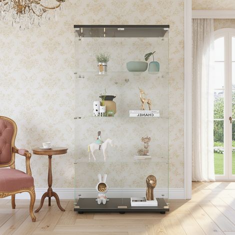 Vitrine en verre - 80x36x164 cm - Noir- Double porte - Quatre étagères - Fermable - Socle inclus (1/5)