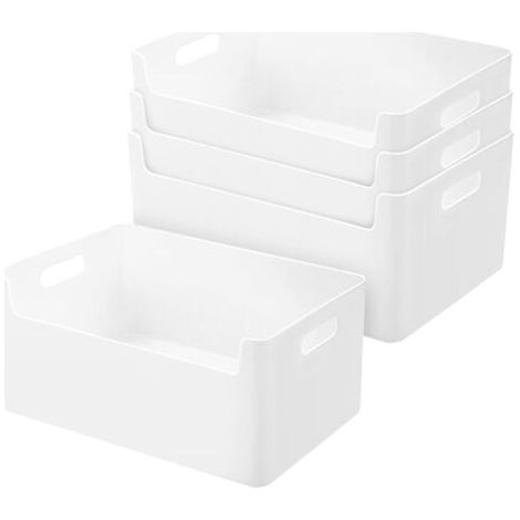 Lot de 4 boîtes de rangement en plastique pour cuisine et salle de bain 25 cm Panier de rangement à fond avant Boîtes de rangement blanches, étagères, armoires, boîtes de rangement (1/5)