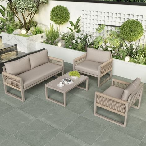 Salon de Jardin 4 Pièces en Corde Kaki avec Table en Verre et Coussins (1/5)