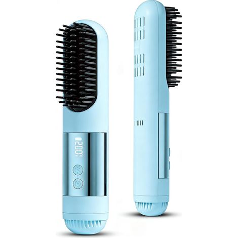 Brosse Lissante Sans Fil - 3 Niveaux De Chaleur 160-200°C - Fonction Ionique Négative - Pour Cheveux Bouclés Et Frisés - Bleu (1/5)