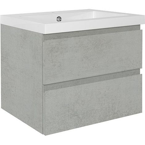 Meuble sous-vasque + vasque en fonte minérale ELAI chêne gris décor pierre 2 tiroirs 610x550x510mm (1/3)
