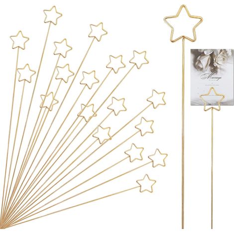 Lot de 20 porte-cartes de table en métal à motif floral, bâtonnets porte-cartes dorés en forme d'étoile de 30 cm, pinces à fleurs, porte-numéros de table en métal (étoile)