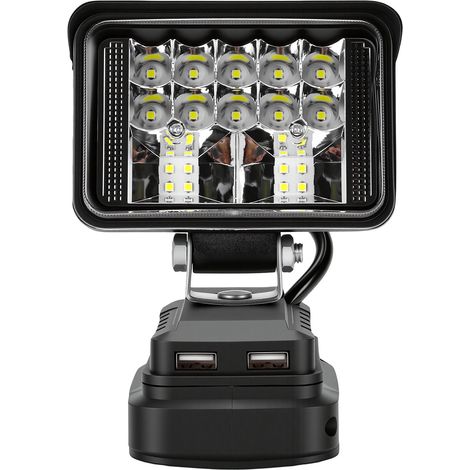 96-W-LED-Arbeitsleuchte, 18-V-Batteriebetrieb, 12.000 lm, 2 Helligkeitsstufen, verstellbarer Kopf, zwei USB-A-Anschlüsse, tragbar, für Notfalleinsätze auf Baustellen oder beim Camping. (1/5)