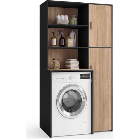 Meuble buanderie machine à laver ou sèche-linge WALLIS avec étagères et placard de rangement noir et bois