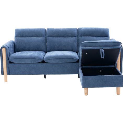 Canapé d'angle 3 places en chenille bleu avec pouf de rangement et pieds en bois, style nordique (1/5)