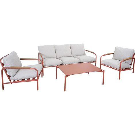 Set di mobili da giardino composto da divano a 3 posti 2 poltrone e tavolo in alluminio color terracotta con cuscini beige 040009571
