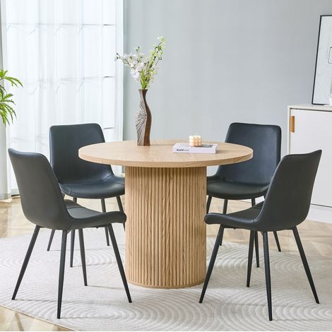Set tavolo rotondo da pranzo 100 cm con 4 sedie in MDF nero e legno naturale HAVRYA (1/5)
