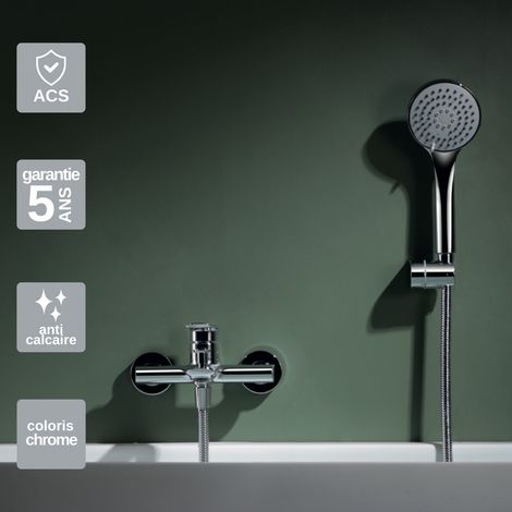 Mitigeur Bain/Douche chromé Pommeau Anti-Calcaire - Design Moderne et Économie d'eau - Kit Complet URAL IMEX (1/4)