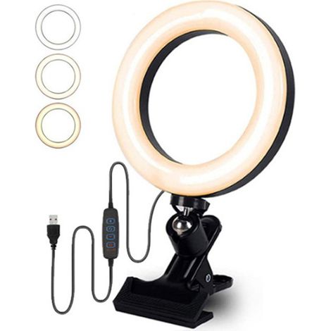 6-Zoll-LED-Selfie-Ringlicht mit Klemme, USB-Betrieb, 3 Farbtemperaturen, verschiedene Beleuchtungsmodi, dimmbare Helligkeit und einstellbarer Beleuchtungswinkel für Laptop, PC und Monitor