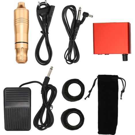 Kit de tatouage complet comprenant une machine à tatouer rotative, une alimentation, une pédale et des outils. Finition dorée, prise 100-230 V. (1/5)