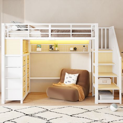 Lit mezzanine enfant 2 places 90 x 200 cm en métal blanc, 8 tiroirs, escalier avec armoire, 2 étagères, panneau perforé, LED 7 couleurs, garde-corps (1/5)