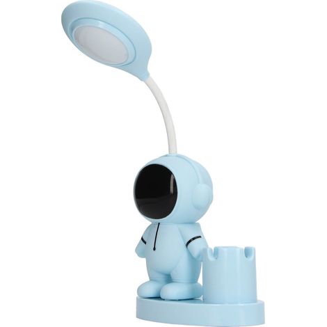 Petite lampe de bureau rechargeable en forme d'astronaute avec porte-stylo et taille-crayon, idéale pour les chambres d'étudiants, bleue. (1/5)