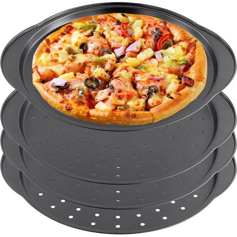 Lot de 4 moules à pizza ronds perforés antiadhésifs en acier carbone Gris de 32 cm avec trous et poignée, Plaque Pizza Barbecue perforée en acier au carbone pour Four (1/5)