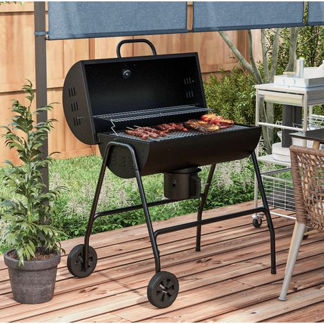 Barbecue au charbon avec couvercle, thermomètre, roues et cendrier, noir HAVRYA (1/5)