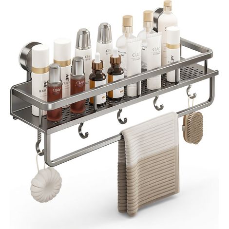 Étagère ventouse simple niveau pour salle de bain, gris métallisé 50 cm, avec crochets et barre — support mural sans perçage (1/5)