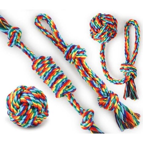 Jouets pour animaux de compagnie 4 pièces en corde de coton arc-en-ciel, jouets anti-morsures pour chiens avec nœuds colorés (1/4)