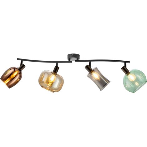 Barre de spots de plafond avec abat-jour en verre noir, 4 ampoules E14
