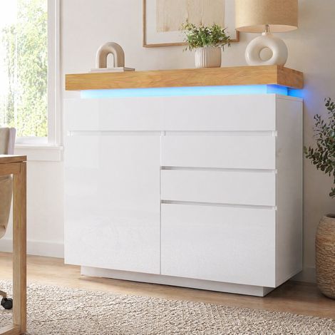 Cómoda LED con 2 puertas y 3 cajones, brillo frontal, 110 x 39 x 115 cm, blanca DESVIAE (1/5)