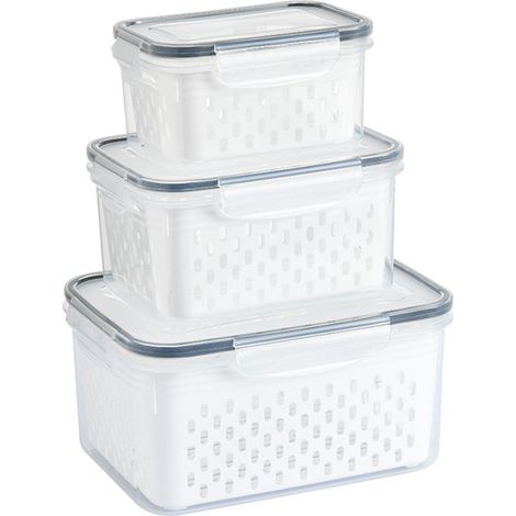 3 compartiments boîte de rangement transparente étanche pour aliments avec passoire amovible pour frigo 3 pièces (1/5)
