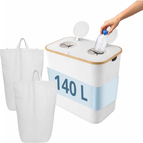 Relaxdays Pfandflaschen Sammelbehälter, 140 L, bis 60 Flaschen, 2 Innenbeutel, Flaschensammler für Glas & Plastik, weiß (1/5)