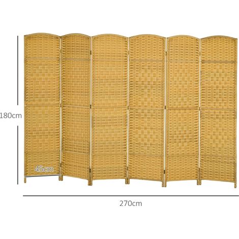 Paravent pliable 6 panneaux, séparateur de pièce en bois de pin, motif tissé, finition bois naturel, cloison décorative (1/5)