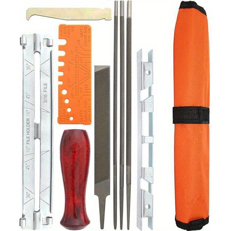 Kit d'affûtage pour tronçonneuse, 10 pièces : comprend des limes de 5/32, 3/16 et 7/32 pouces, un manche en bois, une jauge de profondeur, un guide d'affûtage et un sac à outils (1/5)