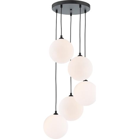Dar Federico Suspension Federico à 5 lumières, noir mat et verre opale (1/2)