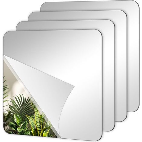 Miroirs adhésifs - Lot de 4 - Miroir mural - Autocollant - Acrylique - Miroir de porte - Décoration intérieure - Décoration murale - Convient pour salles de bains, salons, chambres et dressings - 15 x (1/4)