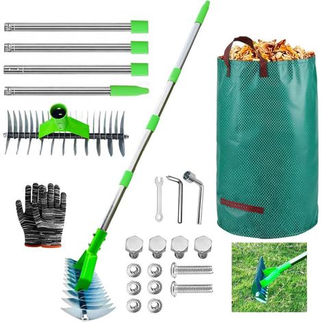 Manual Lawn Scarifier with Handle 163 cm, Rake Aerator Garden Waste Bag, for Cleaning Dead Lawns and Repairing Gardens (Grün, 163 cm) (1/5)