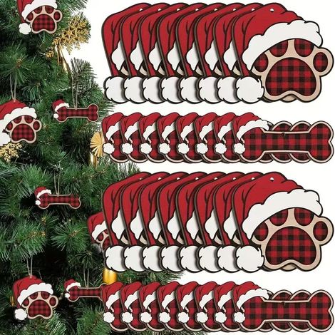 20 ornamenti natalizi vintage a forma di zampa di cane e osso, in legno con stampa animalier, decorazioni per l'albero di Natale (1/5)