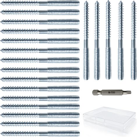 20 Pièces Vis Double Filetage M8 x 100 mm, Boulons de Suspension Acier au Carbone Zingué, avec Boîte de Rangement et Torx T25 pour L'assemblage de Meubles, Colliers de Serrage et L'assemblage Bois (1/5)